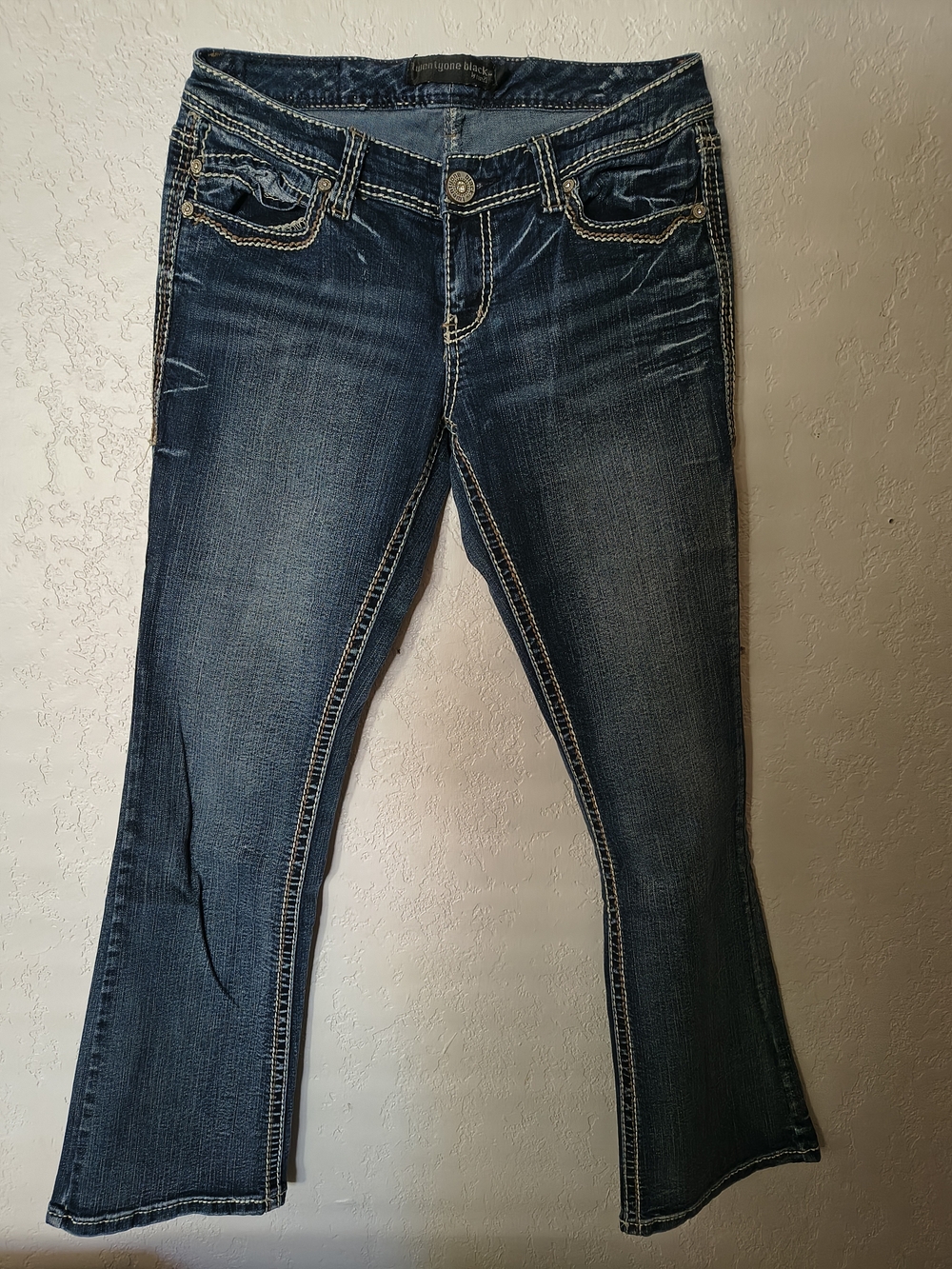 Rue21 7/8 Dark Blue Sequin Accent Button Pocket Bootcut Jeans - Picture 3 of 6